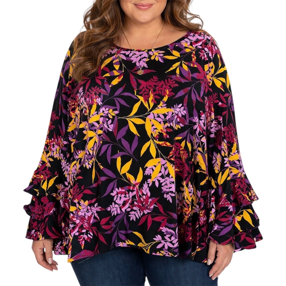 Daisy Fuentes Womens 3X Plus Blouse Black Pink Floral Ruffle Bell Sleeve Top‎